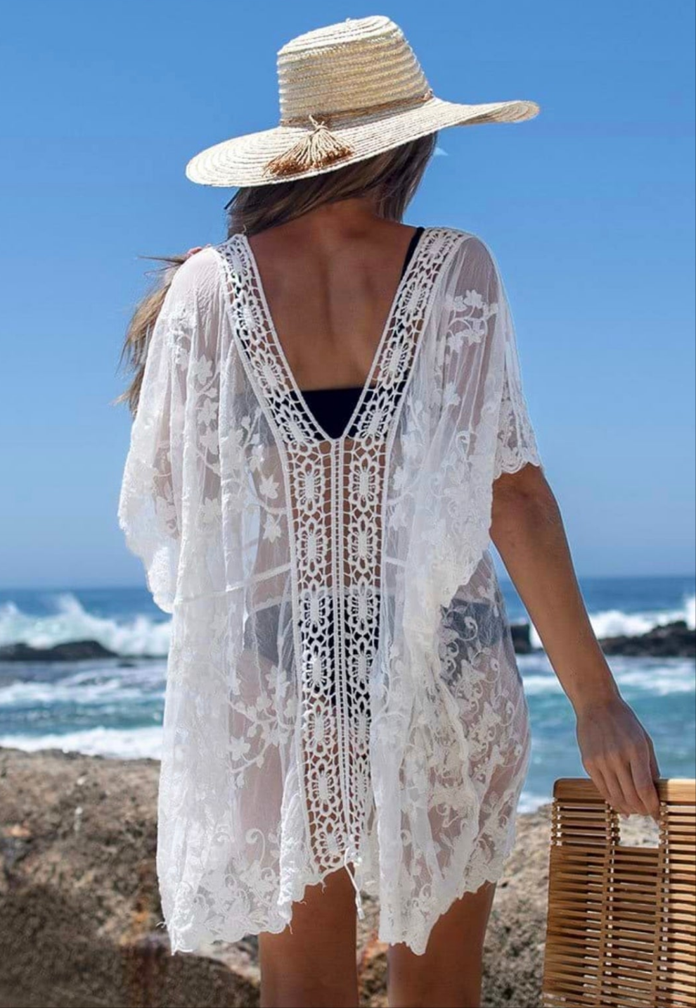 CUPSHE white lace crochet beach cover up