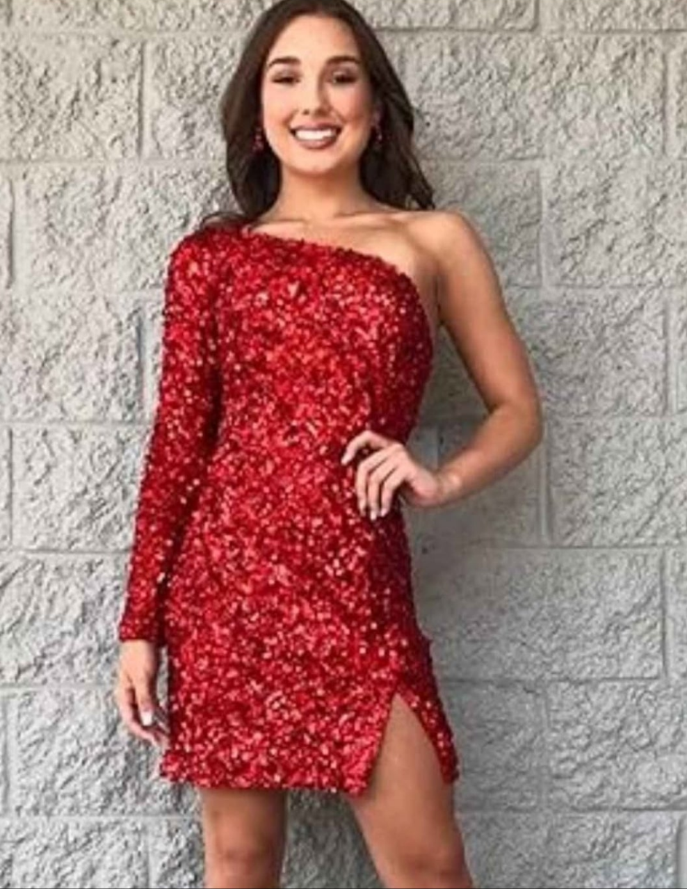 Womens red sequin one shoulder evening /holiday dress