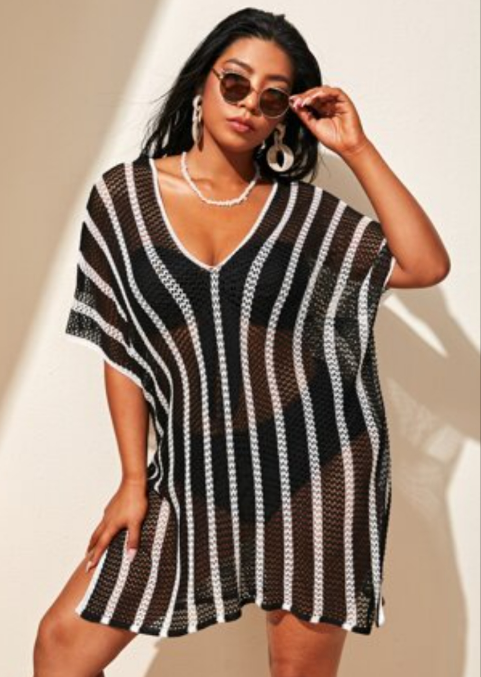 CUPSHE black and white stripped knit beach cover up
