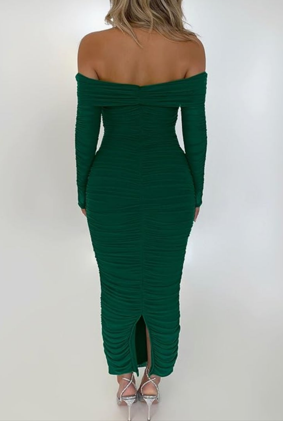 Womens green long sleeve ruched off shoulder midi dress