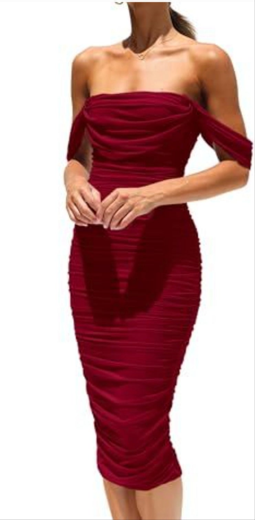 Prettygarden red ruched mesh offshoulder midi cocktail dress