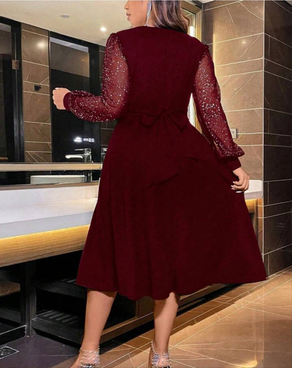 Womens burgendy long sheer sleeve sparkly cocktail holiday dress