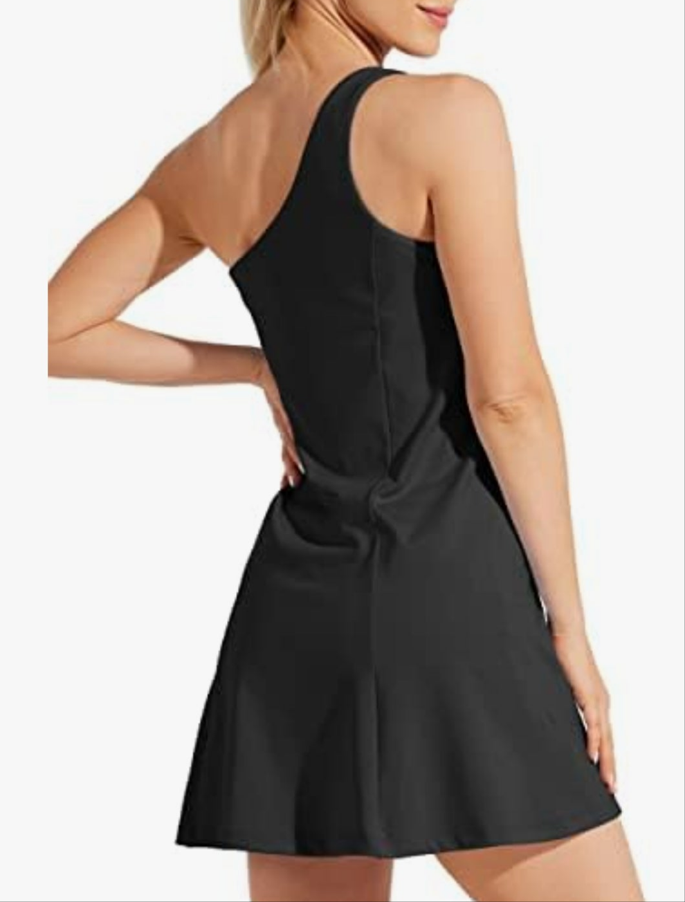 Womens black one shoulder athletic dress with built in shorts