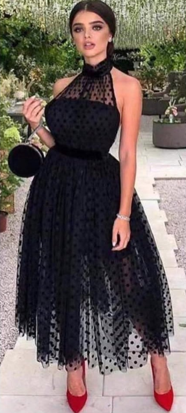 Womens black open back halter polka dot sheer dress