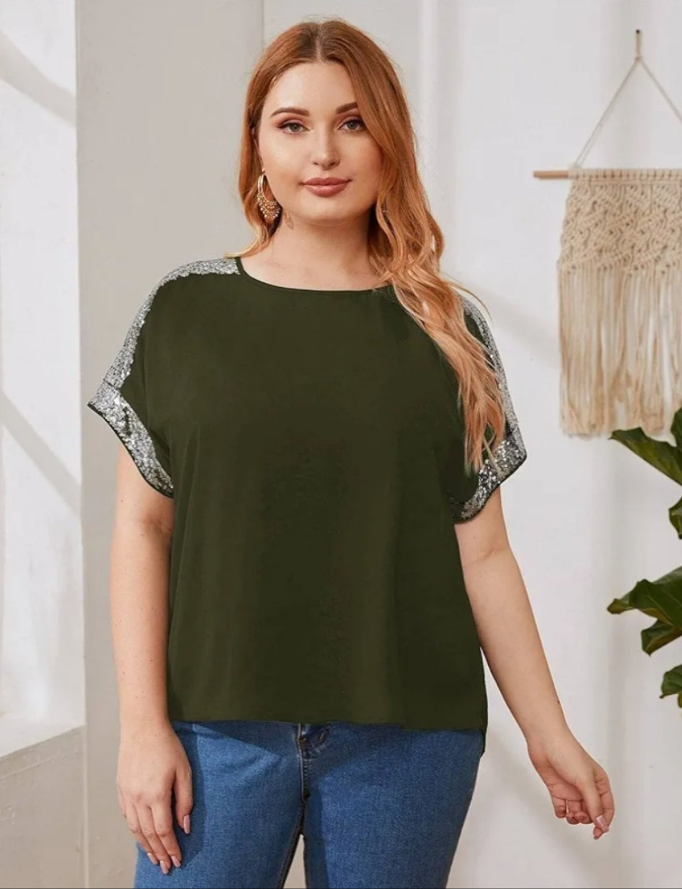Womens olive green blouse with sequence shoulder design