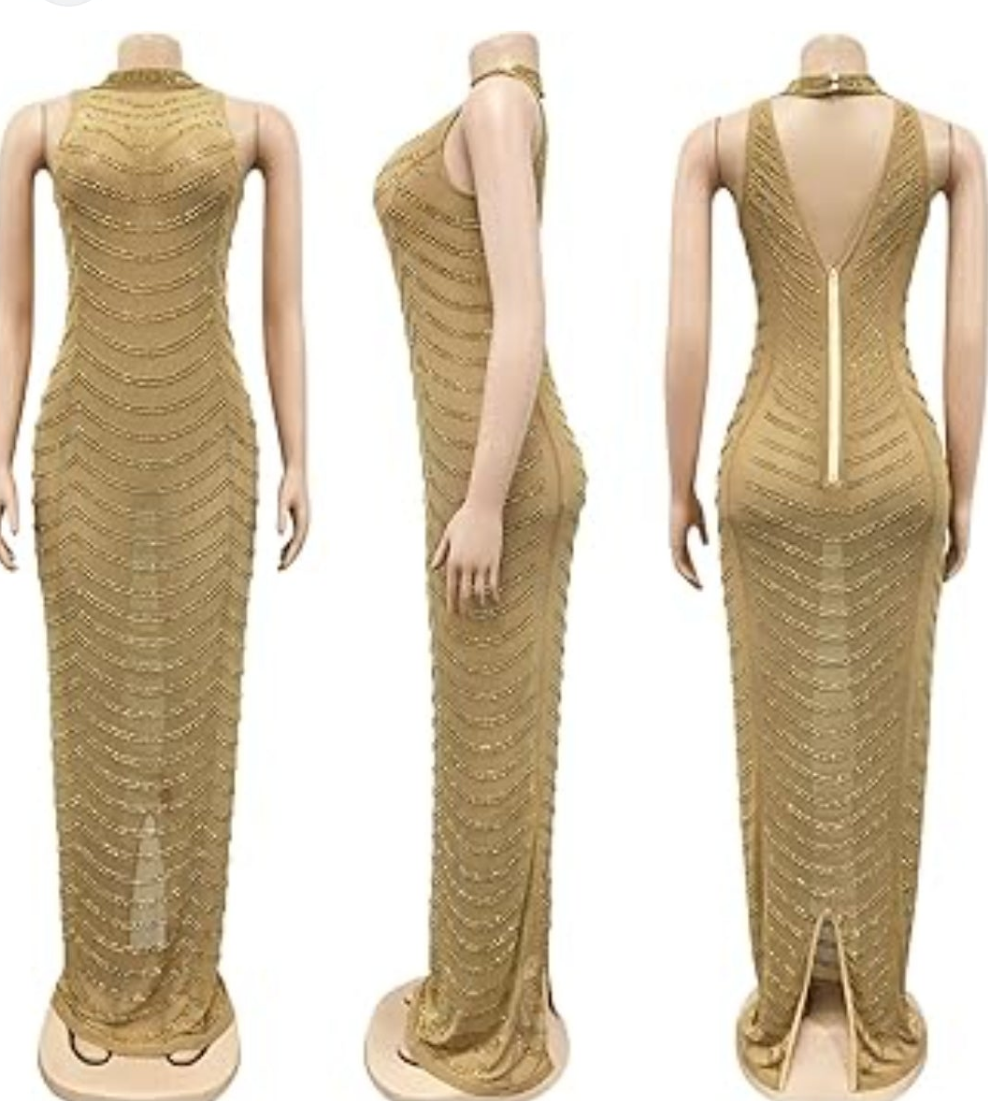 Womens sheer rhinestone gold elegant dress