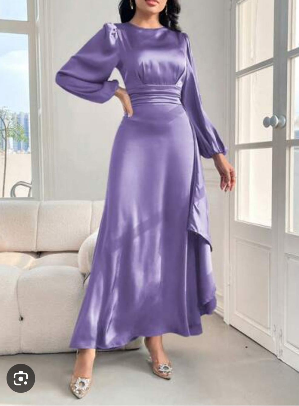 Womens long sleeve lavender modest satin midi dress