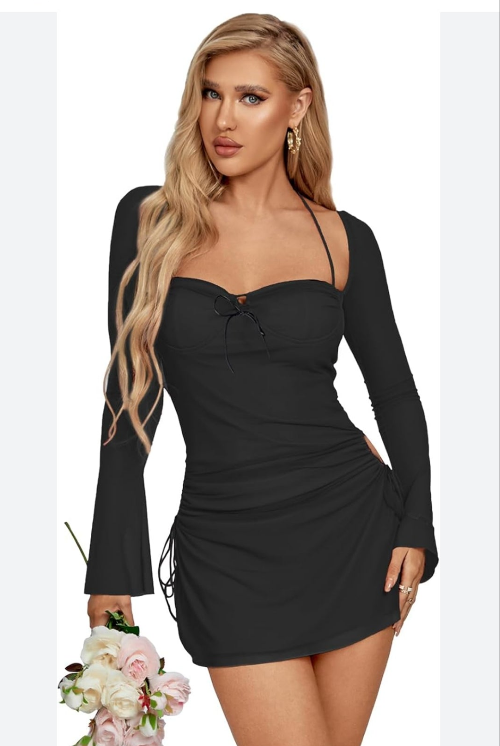 Womens black sexy long sleeve short dress