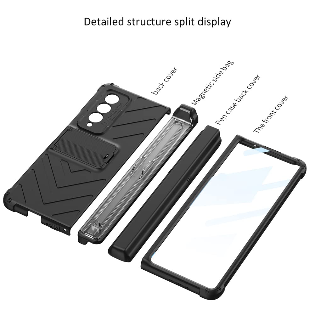 Phone Case for Samsung Galaxy Z Fold 3 5G with S Pen Holder and Adjustable Kickstand 360 Full Protection Built-in Screen Protector Hinge Protection Cover - Black