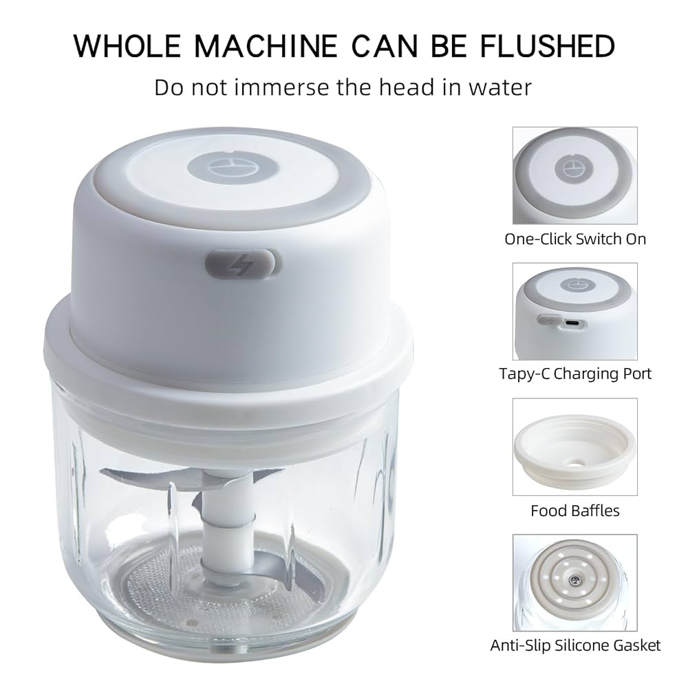 Electric Garlic Chopper Portable Small Food Processor, 300ML Glass Containers with Food Divider, Waterproof Body, One-touch Press to Chop Onion For Ginger, Chili, Fruit, Meat, Spices, Beans