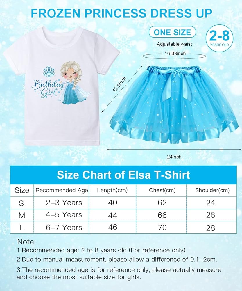 Princess Girl Costume, Princess Elsa Tutu Skirt, 8 Pieces Set Birthday Girl, Short Sleeve T-Shirts, Blue Tutu Skirt with Accessories for Birthday Halloween Cosplay
