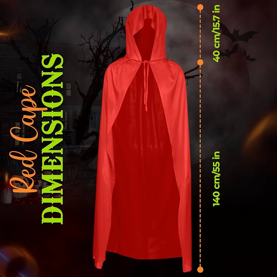 Hooded Red Cape - 140 Cm Long, Full Length Unisex Robe - Perfect for Vampire/Devil/Superhero/Red Riding Hood Costume - Fancy Dress, Halloween Party Outfit for Adults