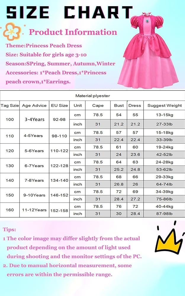 Princess Peach Costume Kids Cosplay Fancy Dress Up Outfits With Accessories