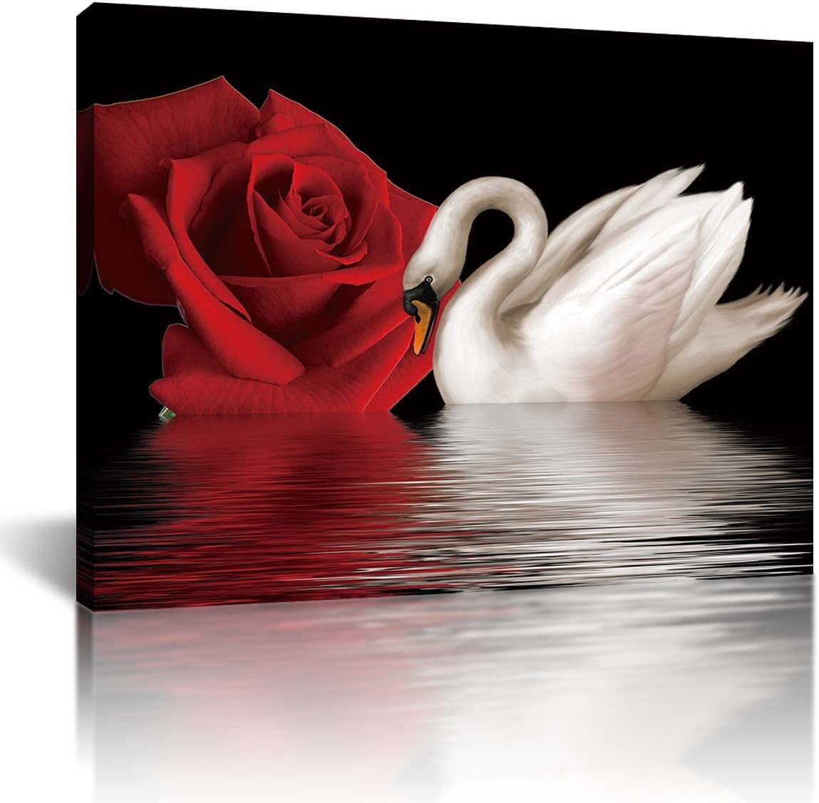 Beautiful Romantic Swans Art Print on Canvas Red Rose Flowers Wall Art Size 12”x12”