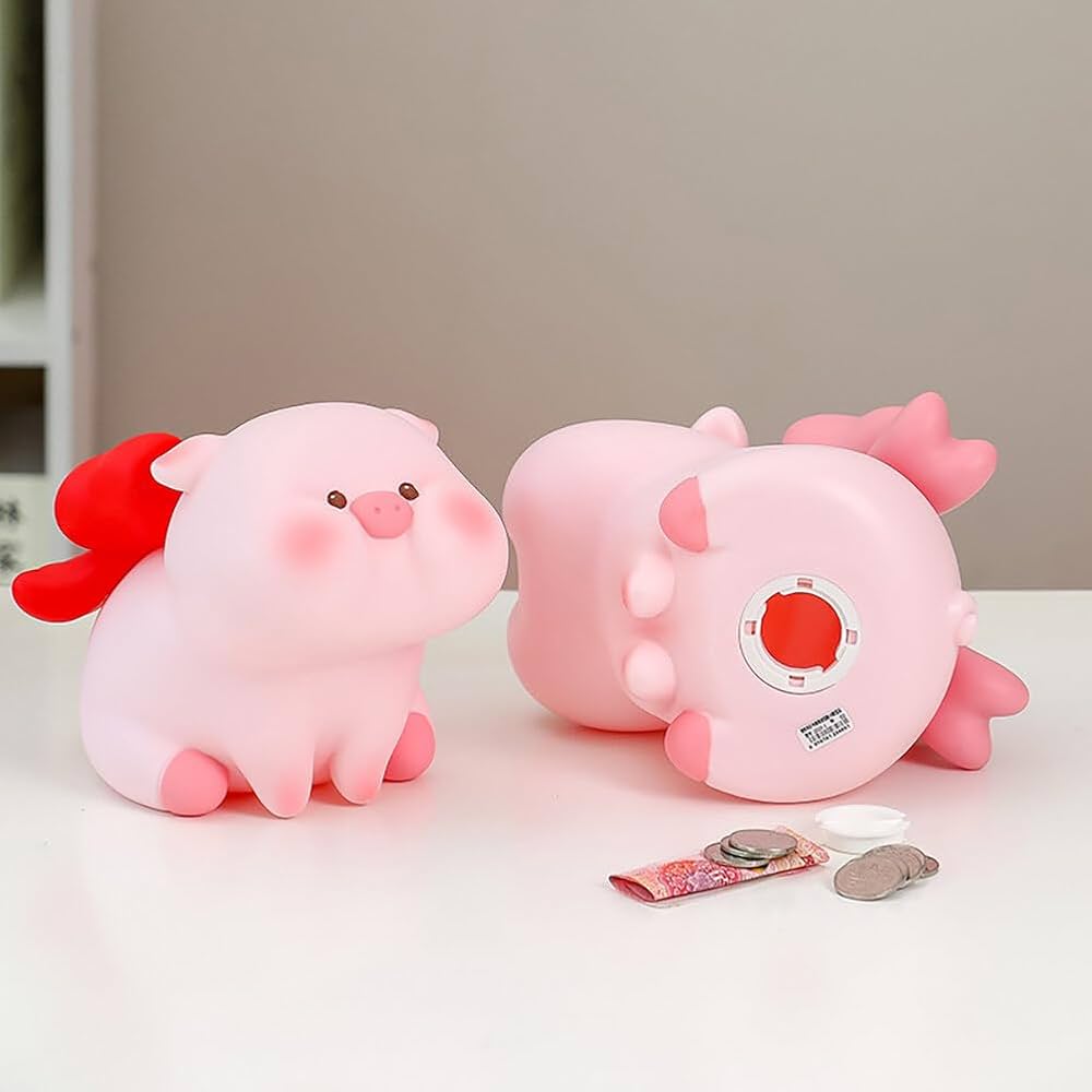 Lucky Pig Money Bank with Cute Bow, Piggy Bank Plastic Coin Bank, Unbreakable Coin Bank, Plastic Piggy Bank for Kids