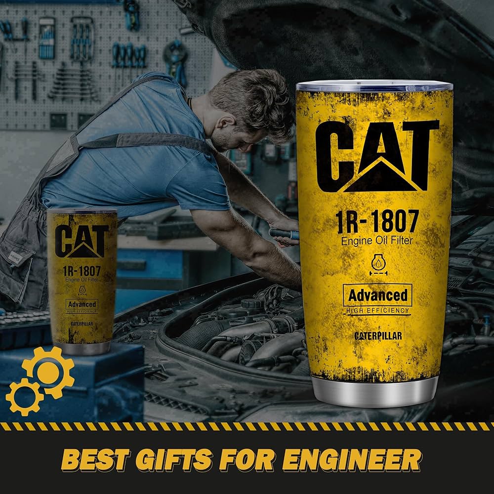 20 oz Yellow CAT 1R 1807 Engine Oil Filter Advanced High Efficiency Caterpillar Coffee Tumbler For Caterpillar Lover, Insulated Mug Cup For Mechanic Lover