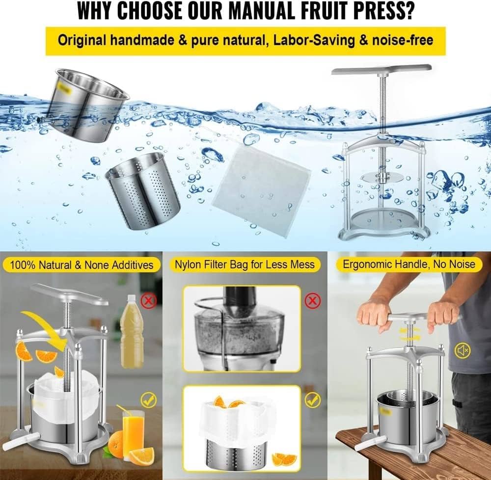 Manual Press for 100% Pure Juice, with Stainless Steel Iron Handle for Juice Residue Separation, for Cider Vegetable Olive Oil Cheese Tincture