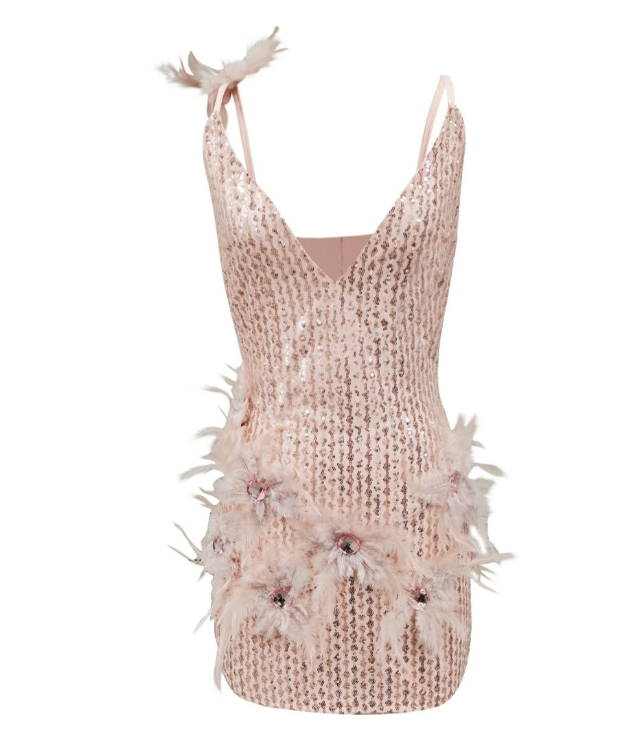 Womens pink sequence evening wear dress with feather accent