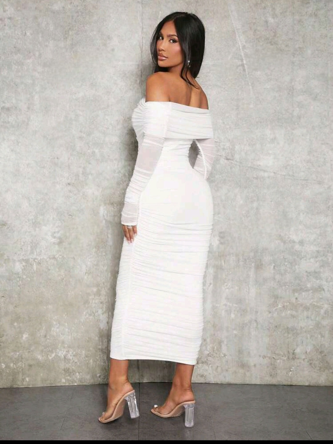 Womens long sleeve off-shoulder white mesh ruched midi dress