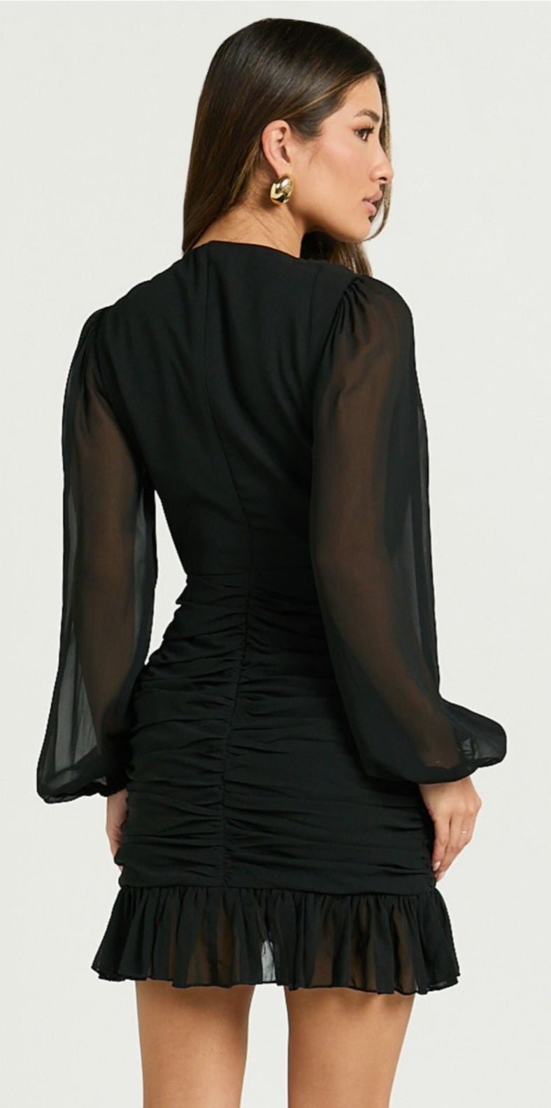 SHOWPO Can I Be Your Honey Mini Dress - Plunge Balloon Sleeve Dress in Black