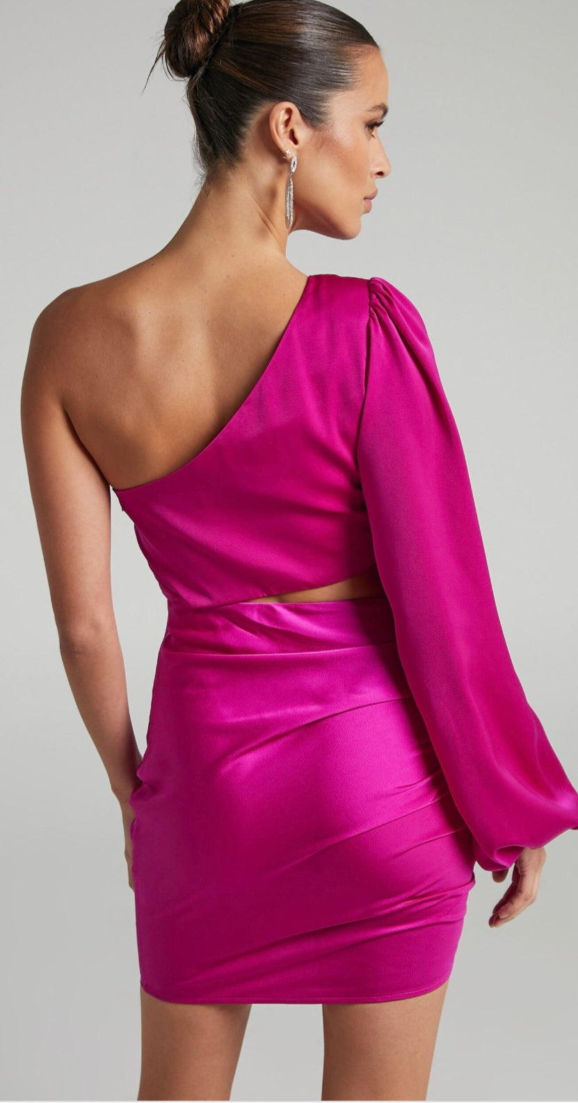 SHOWPO Rayanna Mini dress- one shoulder long sleeve cit out dress in fuchsia