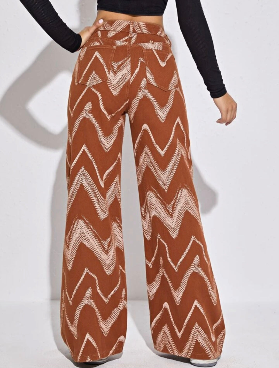 Wide leg chevron print brown jeans