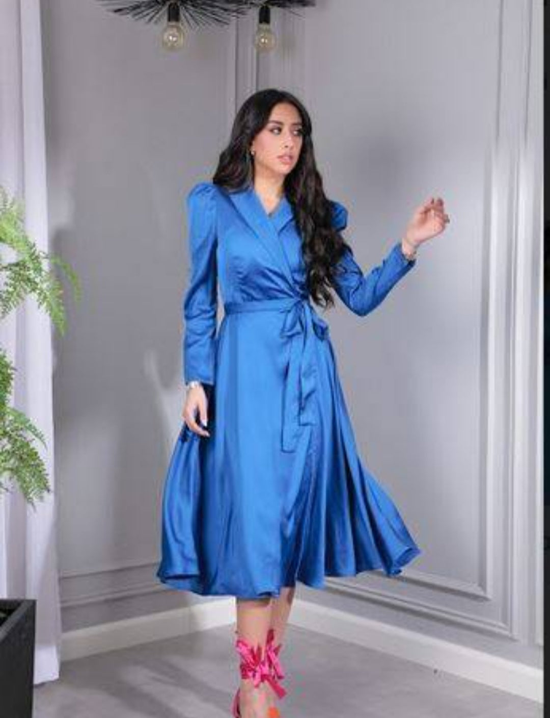 Womens blue satin wrap dress