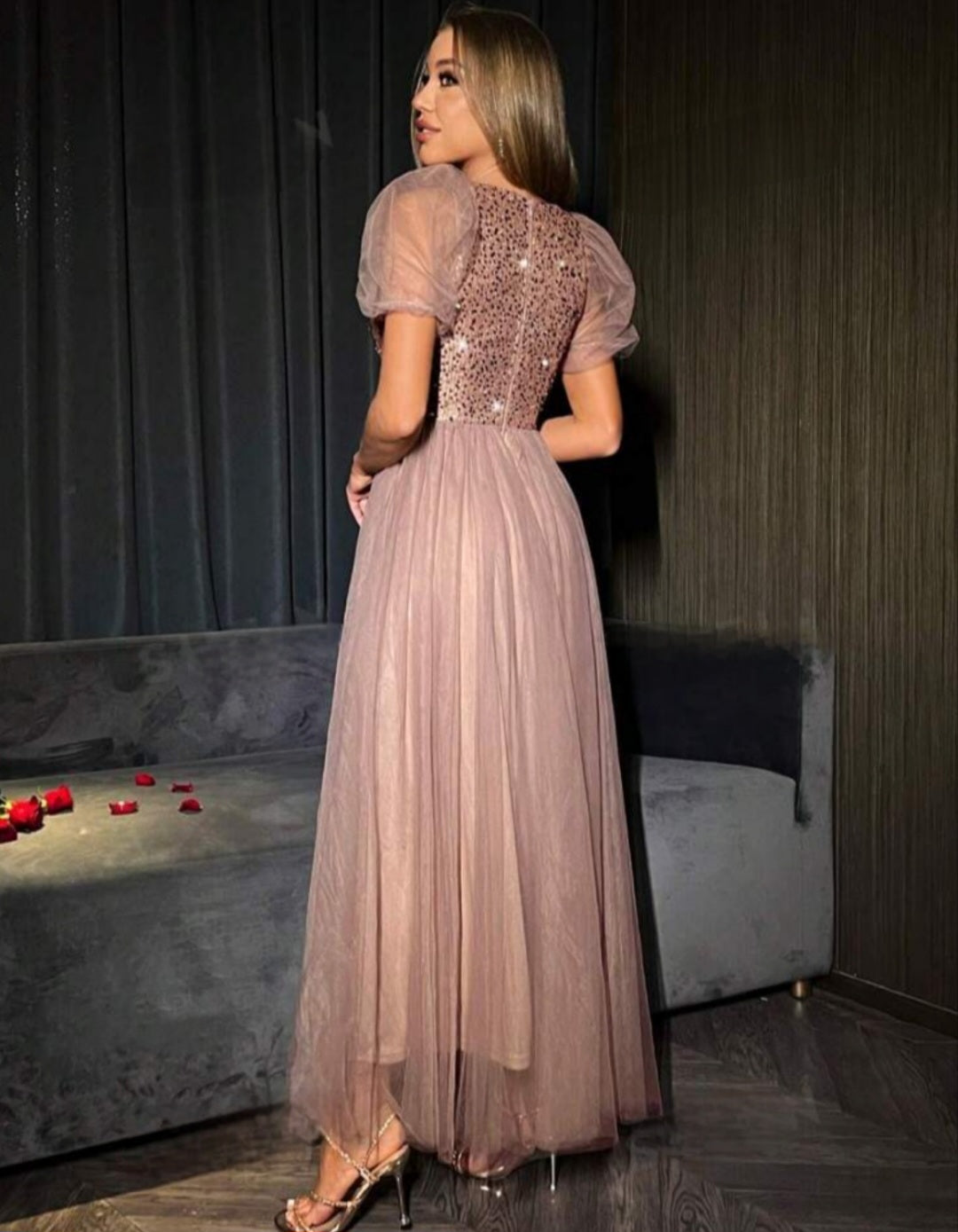 Womens sparkly panel mesh puff sleeve long midi formal dress