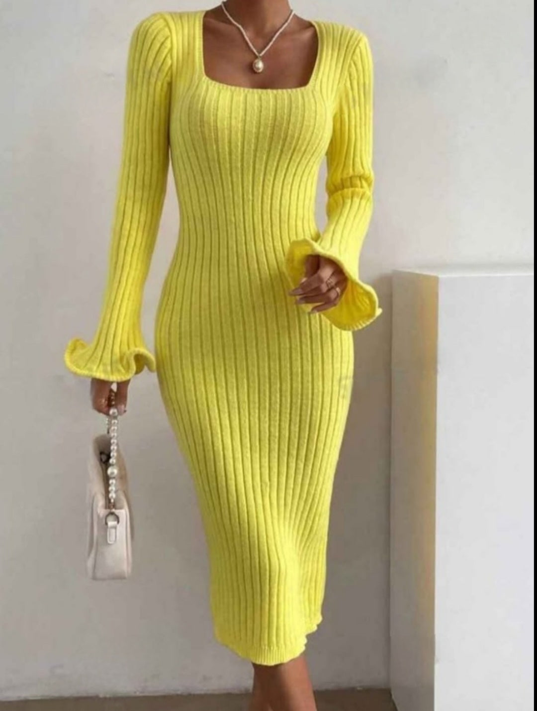 Womens yellow ribbed knit sweater dress
