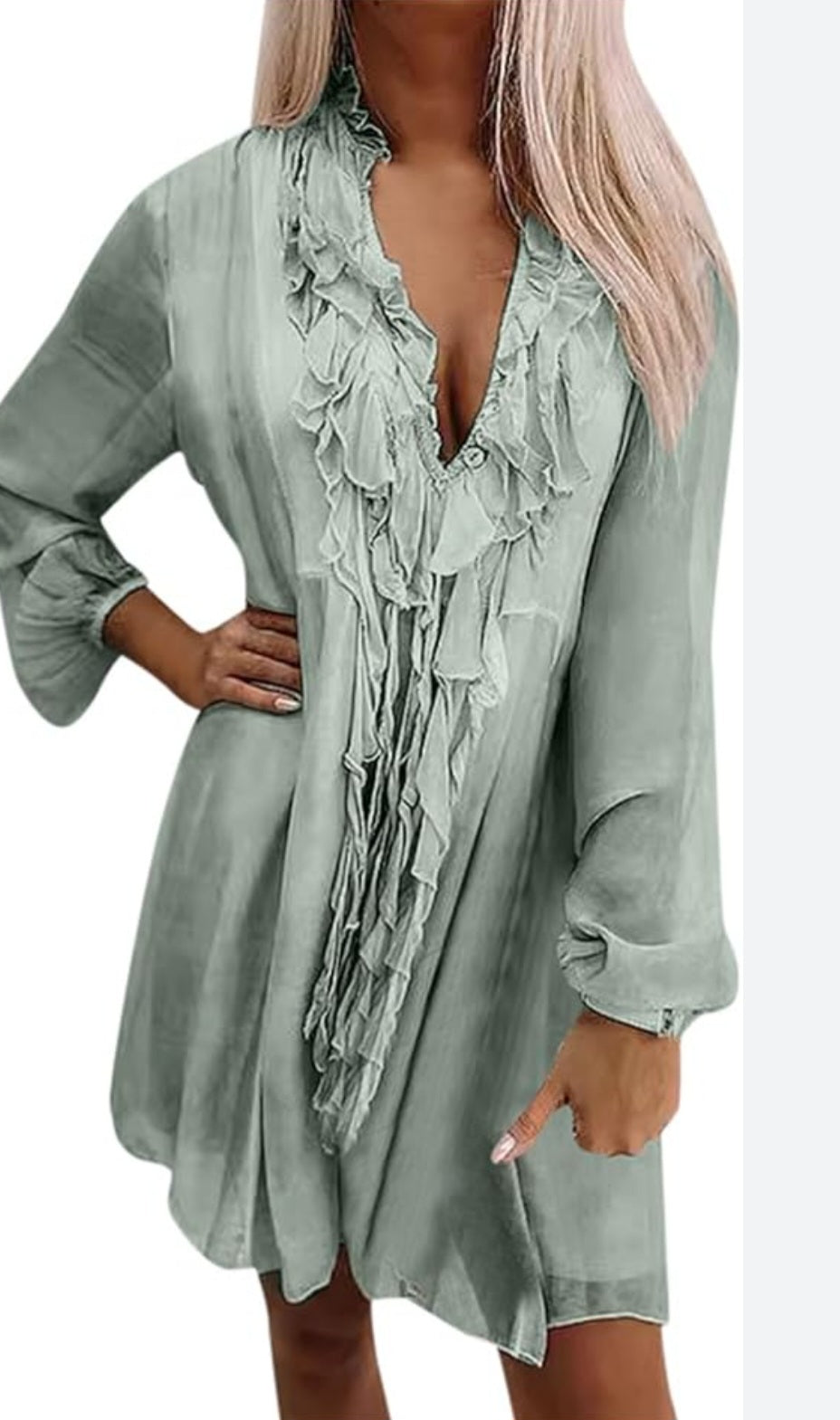 Womens sage green ruffle front short mini dress