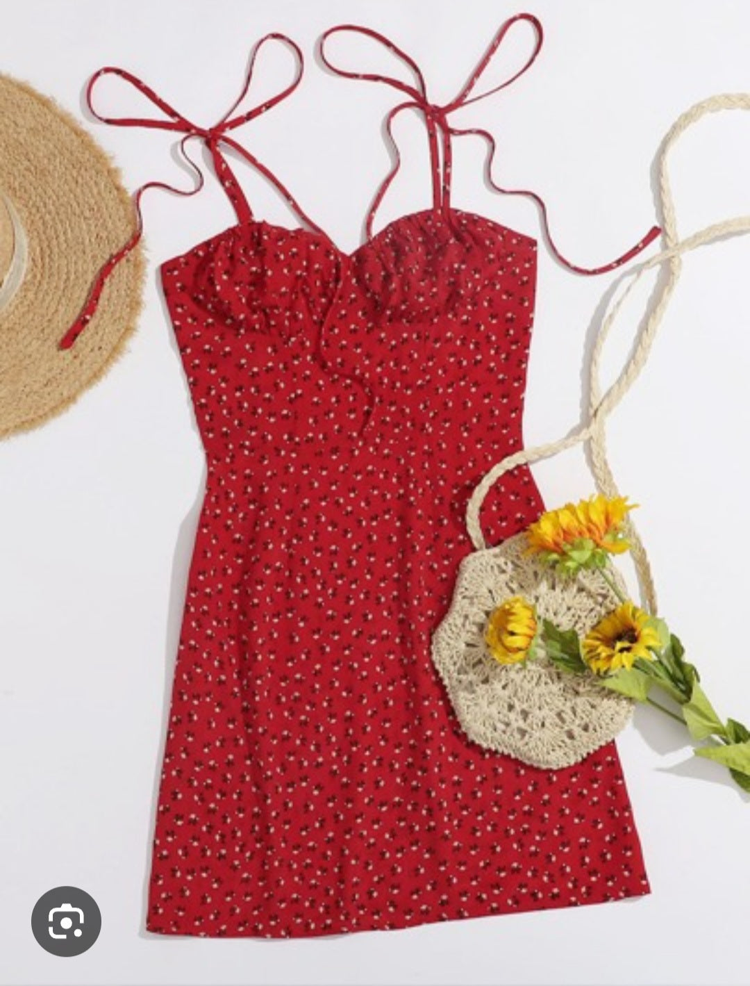 Red ditsy floral shoulder tie short dress