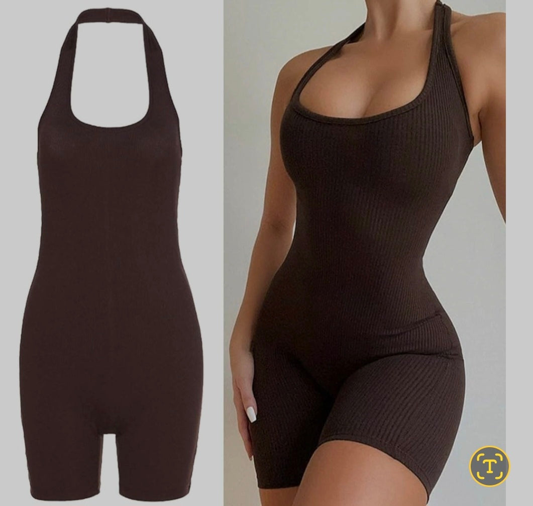 Halter brown knit unitard romper