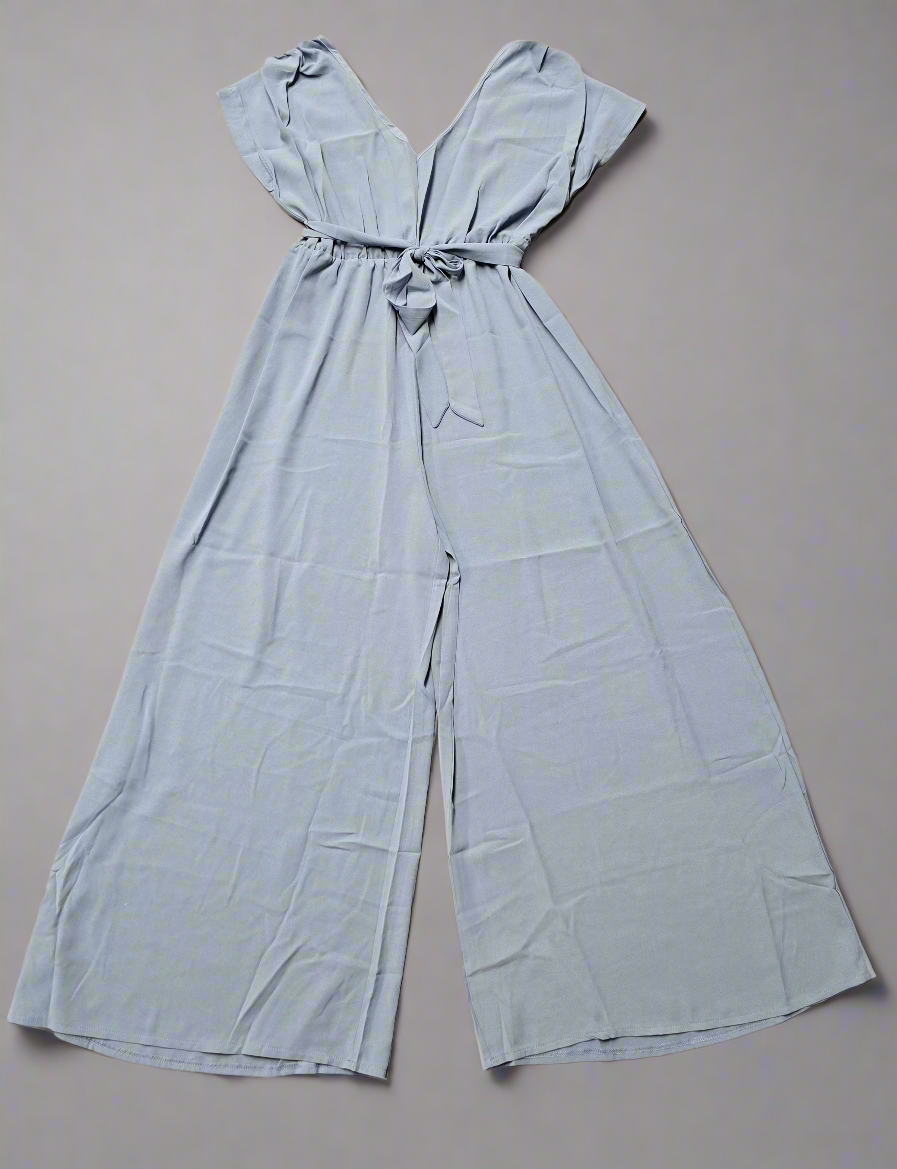 Womens wide leg blue jumpsuit with belt
