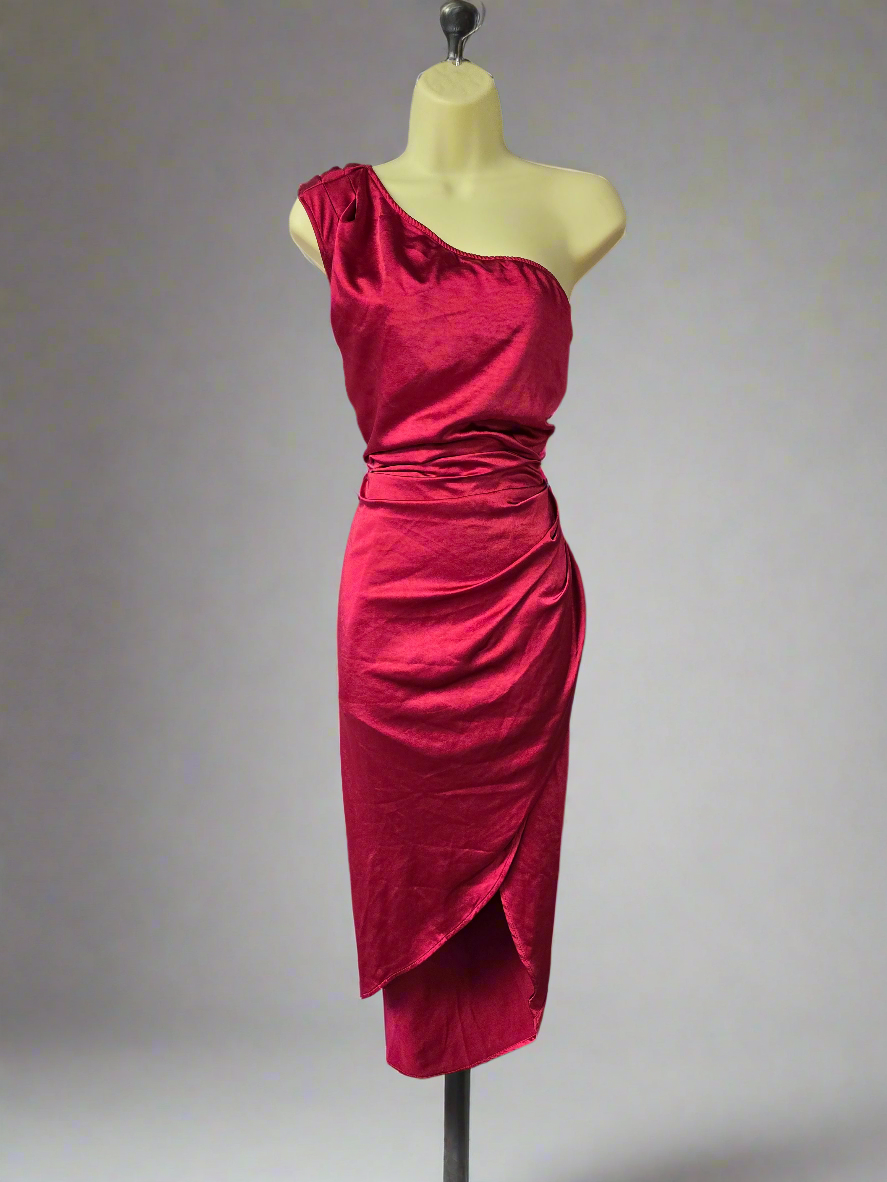 Womens red one shoulder satin cocktail dress
