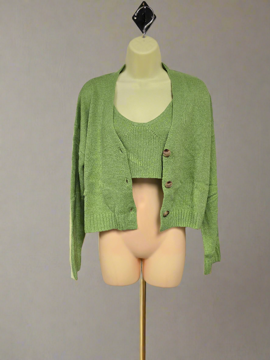 Womens green knit tank and matching cardigan