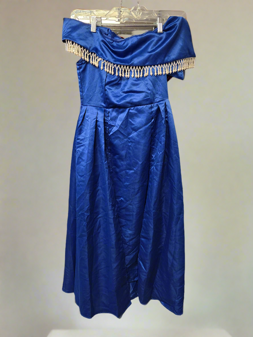 Blue satin off shoulder even dress with pearls