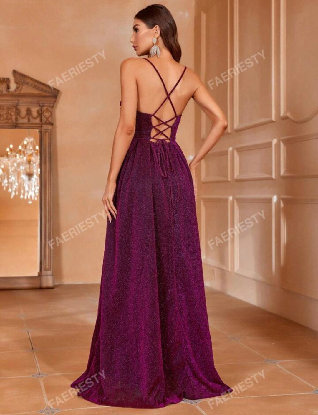 Womens sparkly pink long formal lace up back prom dress