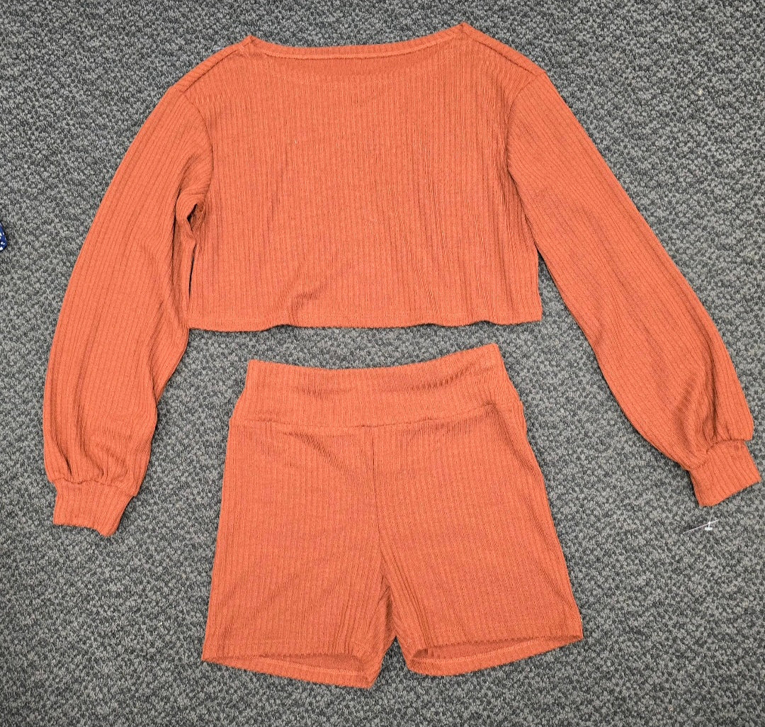 Two piece long sleeve crop top ans matching shorts set