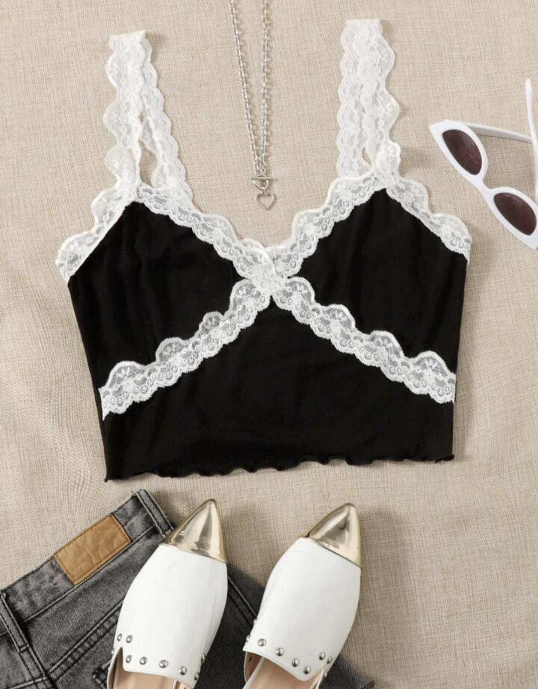 Black lace cami crop top