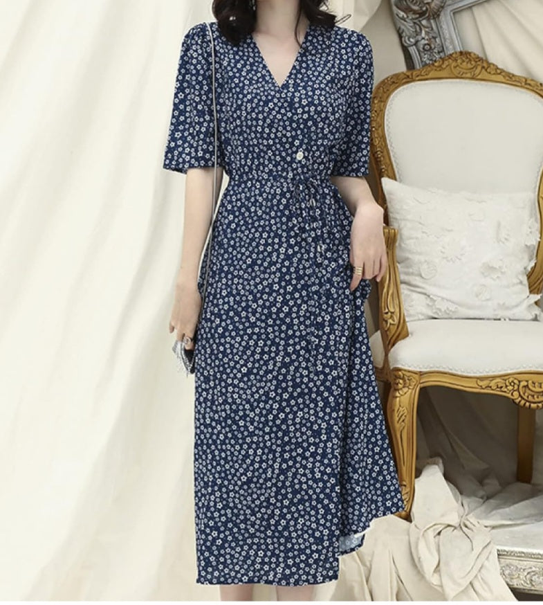 Womens navy ditsy wrap dress with buttons