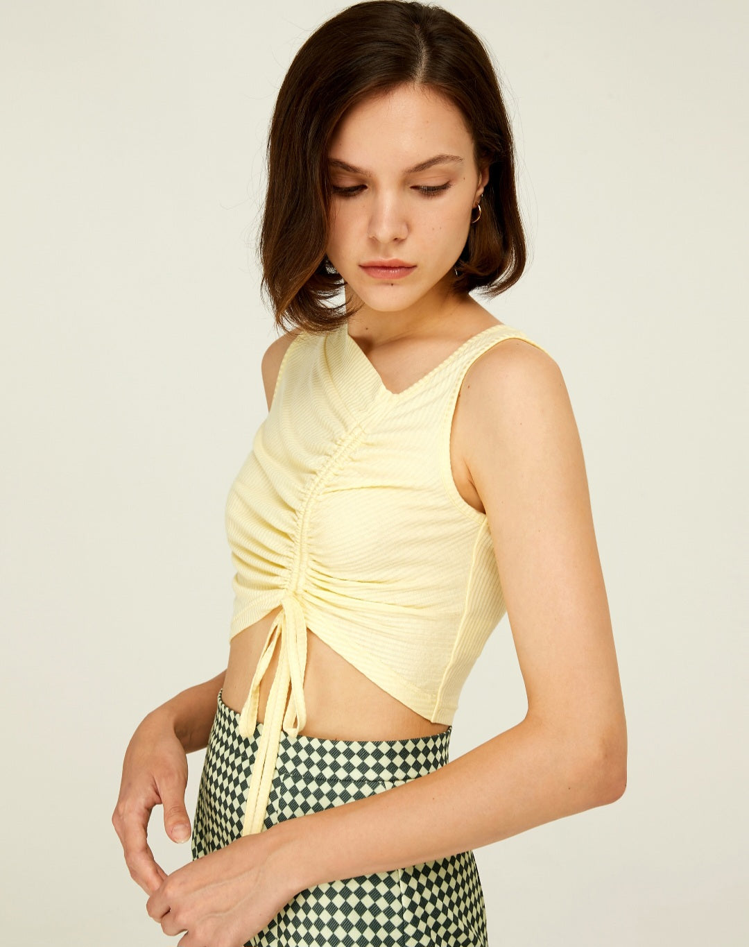 CIDER assymetrical ruched yellow crop top