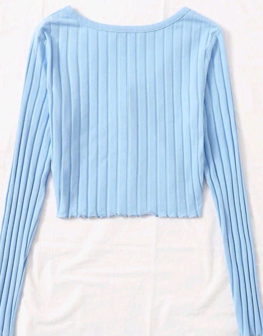 Long sleeve baby blue knit button up crop top