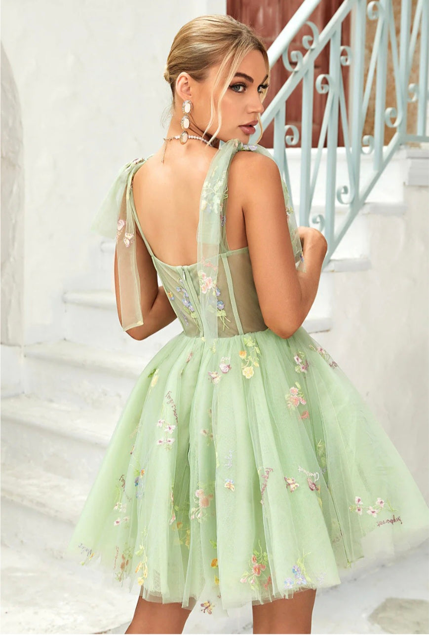 Womens green embroidered floral corset short dress