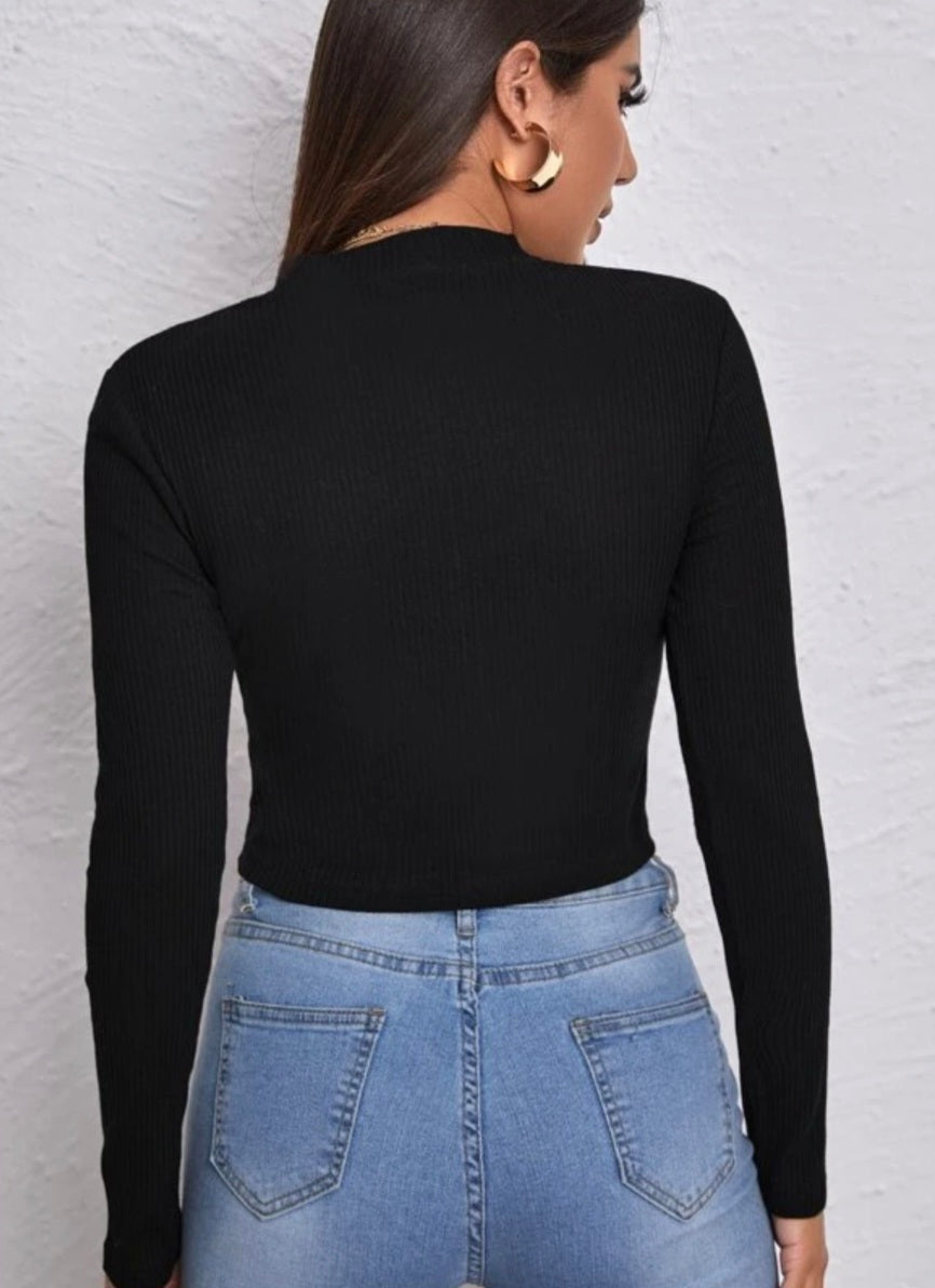 Black long sleeve sexy zippered crop top