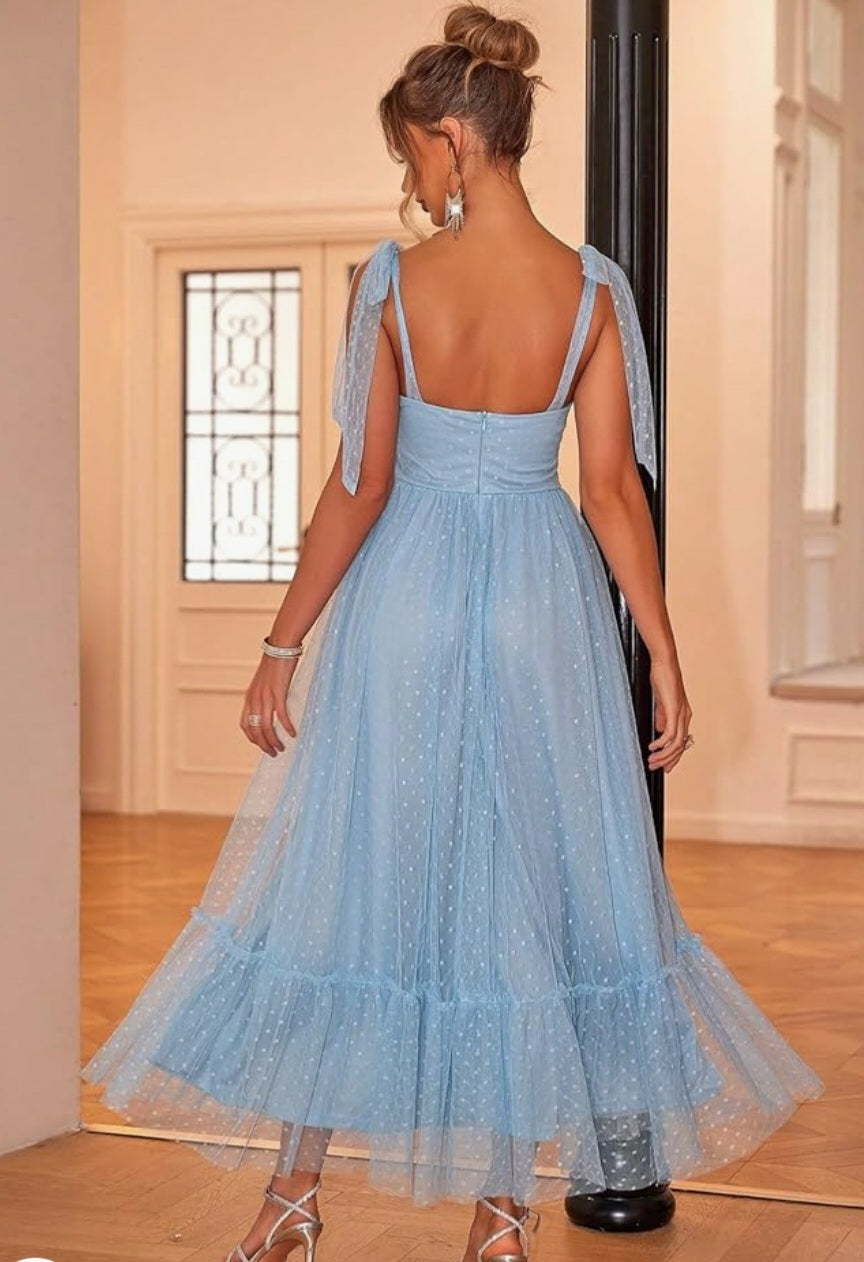 Baby blue embroidered floral midi dress