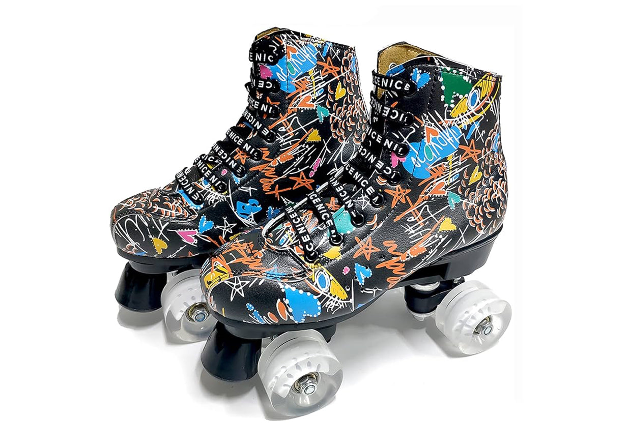 Roller Skates for Women, Men and Teens. Black/White Graffiti Designed Microfibre High-top Quad Skates Made with PU Leather. Premium Quality Skates for Beginner Adults Girls Unisex