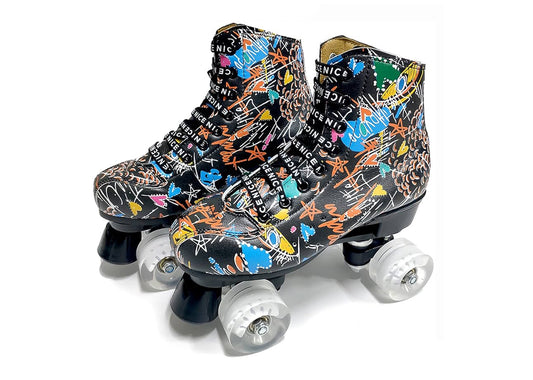 Roller Skates for Women, Men and Teens. Black/White Graffiti Designed Microfibre High-top Quad Skates Made with PU Leather. Premium Quality Skates for Beginner Adults Girls Unisex