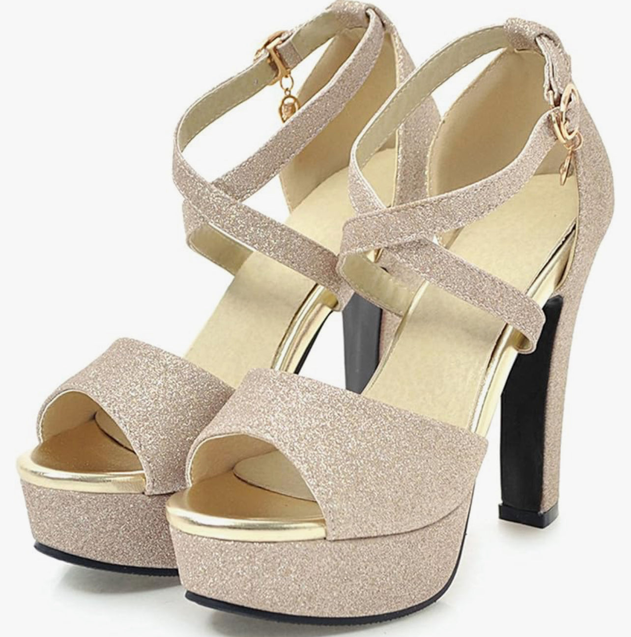 Women Block Heel Sandals Open Toe, Fashion Evening High Heels With Platform Zip Ankle Strap Glitter Size 7