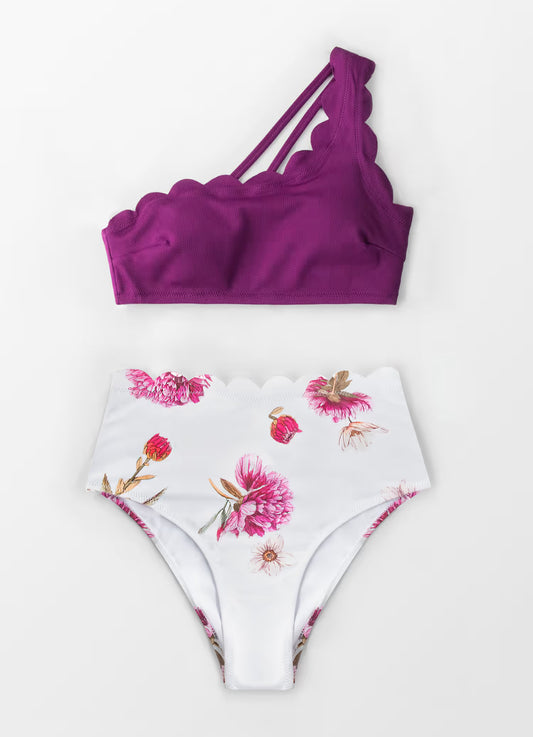 Purple And Floral One Shoulder Scalloped Bikini