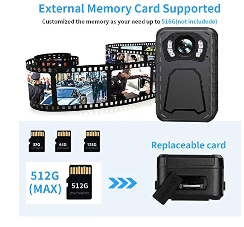Body Camera, 1296P HD, 10HR Battery Life, 128GB Memory, Night Vision, Ultra Wide Angle, Portable & Lightweight